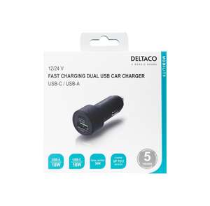 DELTACO USB car charger, 1x USB-C, PD 18 W, 1x USB-A, 18 W, 36W, metal  usb-c - laturi, katso halvin hinta Starcartista - Starcart